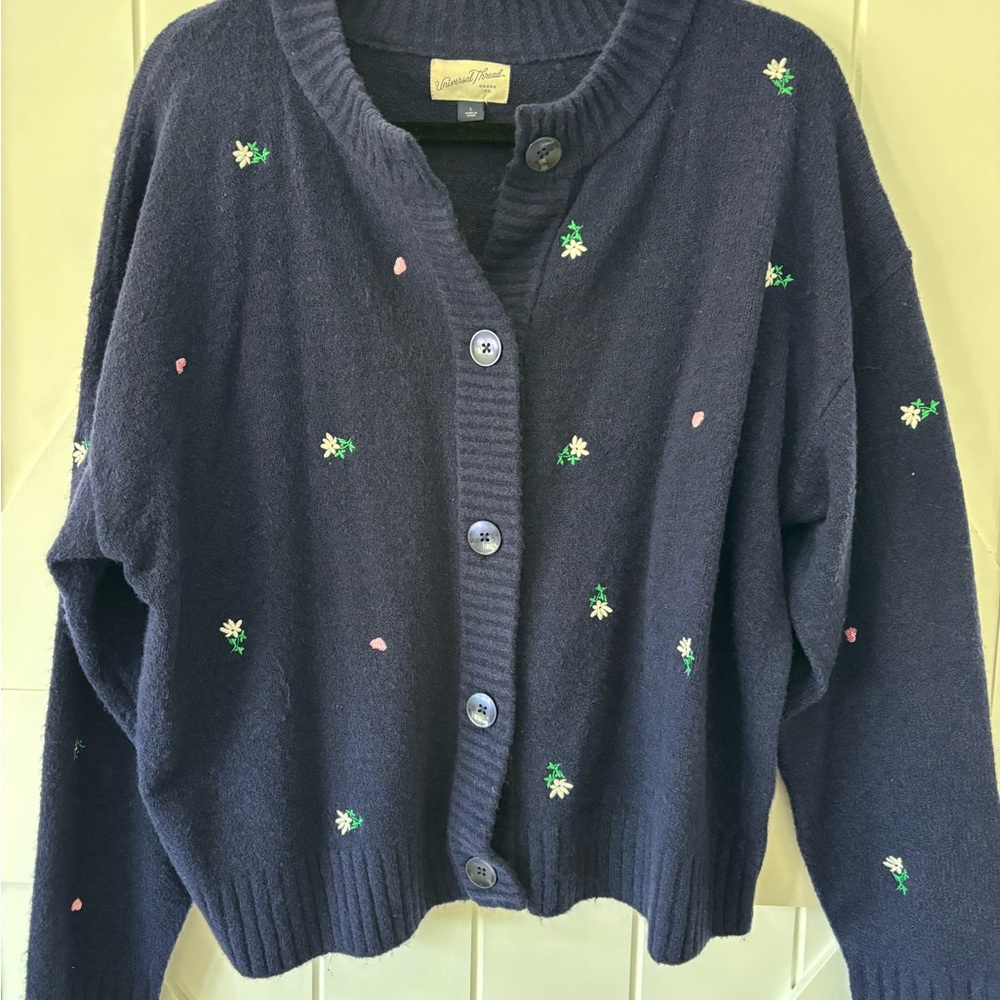 Universal Thread Navy Blue Cardigan with Floral Accents